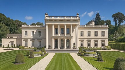 Obraz premium Grand Mansion, manicured lawns, sunny day, estate sale, luxury real estate