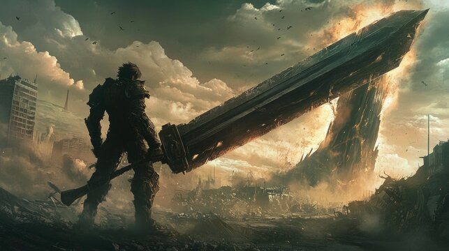 Fototapeta Post-apocalyptic warrior with giant sword, ruined city background  fantasy game art