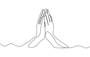 One line drawing praying hand worship religious vector illustration template design, Hand in Praying position or in Cultural Greeting Form Continuous one line drawing.