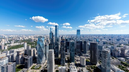 Fototapeta premium Moscow cityscape, sunny day, aerial view, urban development