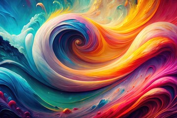 Abstract pastel waves flow in vibrant, colorful swirls; a modern fluid acrylic pour painting.