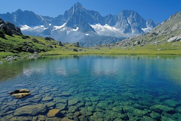 Stunning mountain landscape with clear lake and rocky shoreline in bright daylight