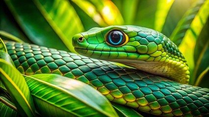 Obraz premium Vibrant Green Snake Close-Up in Lush Foliage - Panoramic Stock Photo