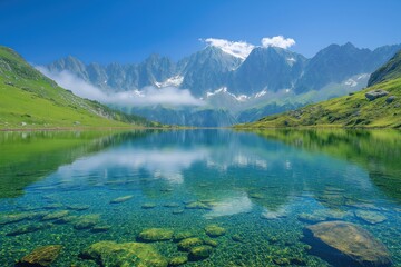 Fototapeta premium Clear blue lake reflects majestic mountains under a bright sky in a serene natural setting