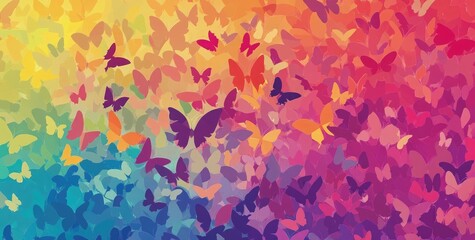 Colorful butterfly background, rainbow-colored butterfly pattern wallpaper, vibrant and bright
