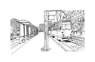 Building view with landmark of Chelyabinsk Russia. Hand drawn sketch illustration in vector.