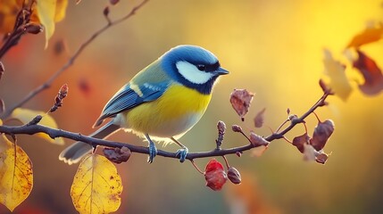 A Blue Tit Perched On An Autumn Branch