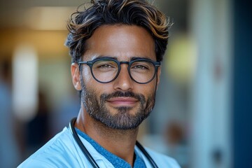Fototapeta premium Confident and Approachable Doctor Portrait in Blurred Medical Setting