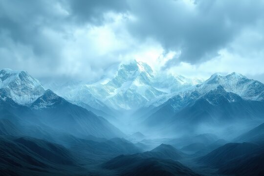 Majestic snow-capped mountains shrouded in mist under a cloudy sky during dusk