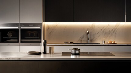 Modern Kitchen Interior with Sleek Design and Marble Countertops Featuring Built in Appliances