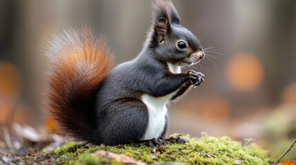 Obraz premium fluffy black and grey squirrel with bushy orange tail sits on moss, showcasing its playful nature in serene forest setting