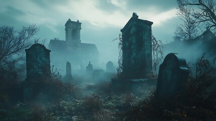 Foggy graveyard with old tombstones and church in the background.