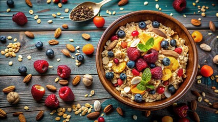 Fototapeta premium Vibrant Muesli Bowl with Dried Fruits and Nuts