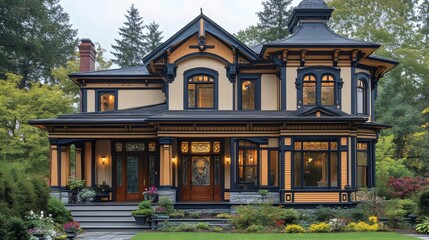 A large house with a black roof and yellow walls
