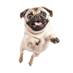 Obraz premium Happy Adorable Pug Dog Jumping Excited Playful Pet Canine Animal Portrait Photography Studio Background Isolated Funny Paw Cute Tail Face Pets Dogs 