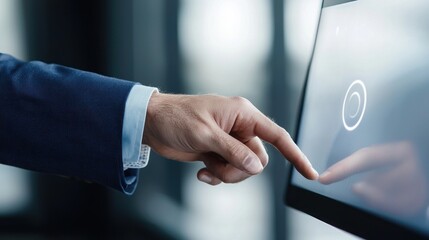 Closeup of a Man's Hand Using a Fingerprint Scanner on a Digital Screen