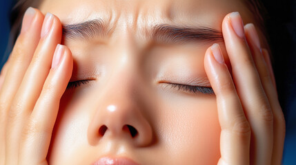 Fototapeta premium A young woman shows visible signs of distress, gripping her head with both hands. Her eyes are closed tightly, reflecting a moment of emotional turmoil in a softly lit space