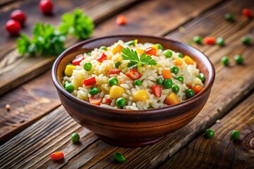 Vibrant Vegetable Rice Bowl on Rustic Wooden Table - Tilt-Shift Photography