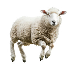 Fototapeta premium Fluffy Sheep Leaping High Action Shot Farm Animal White Wool Jumping Isolated transparent background Cute Adorable Spring Lamb Livestock Agriculture pet 