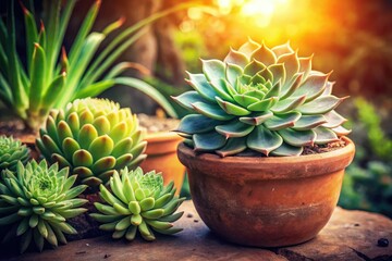 Fototapeta premium Vintage photo: Lush green succulents thrive in a charming cactus pot, a picturesque nature scene.