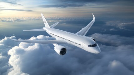 Obraz premium A white passenger plane flying in the sky, surrounded by clouds. The airplane is sleek and modern with large wings for good aerodynamic performance. It has two engines on each side of its body.