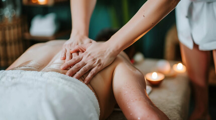 Naklejka premium Woman Receiving Back Massage in Spa Center with Cozy Candlelit Atmosphere. Professional Relaxation Studio Portrait.