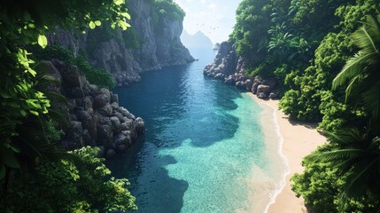 Serene Tropical Beach Surrounded by Lush Green Mountains and Water