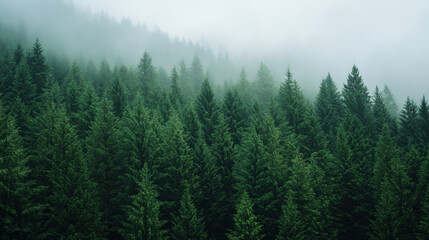 Fototapeta premium Lush green forest in Pacific Northwest on overcast day, enveloped in mist, creating serene and tranquil atmosphere