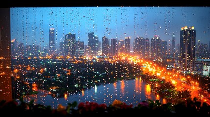 Rainy city night view from window (1)
