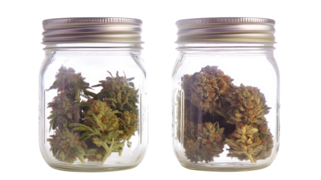 Cannabis buds preserved in glass jars on transparent background