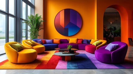 A colorful living room with a large painting on the wall