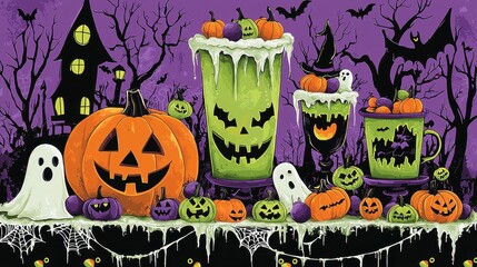 Spooky Halloween Jack-o'-lantern and Ghoulish Drinks