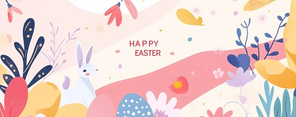 Hand-Drawn Easter Bunny Floral Banner: Cute and Warm Background Illustration