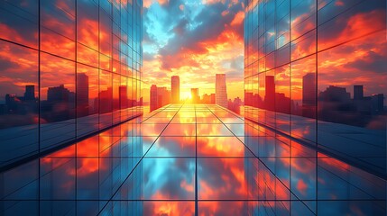 Fototapeta premium Cityscape reflected in modern glass building at sunset.