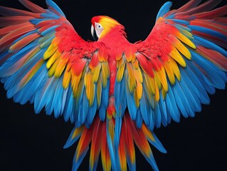 Fototapeta premium A stunning close-up of a parrot with vibrant red, yellow, and blue feathers spread wide against a dark background.