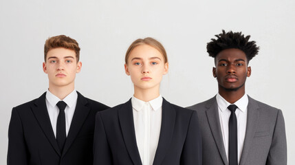 Young group of job applicants in formal suits, showcasing professionalism and confidence. Their expressions reflect determination and readiness for interviews