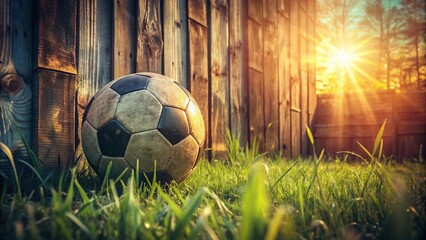 Vintage Soccer Ball on Grassy Field Near Fence - Retro Sports Photo