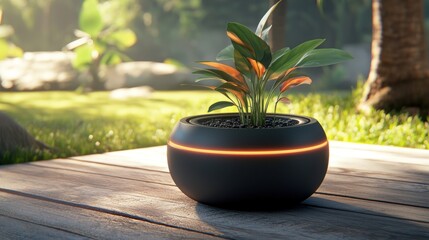 Illuminated Black Planter Pot with Green Plant on Wooden Deck