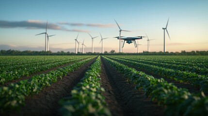 Drone Flying Over Green Crop Fields with Wind Turbines in Distance