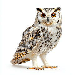 Fototapeta premium Majestic owl with striking orange eyes and detailed feathers, standing proudly