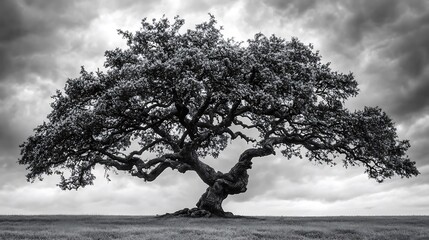 Majestic old tree in a dramatic, monochrome landscape.