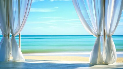 Ocean View Through Sheer Curtains: A breathtaking ocean vista is revealed through billowing sheer curtains, inviting viewers to imagine a tranquil escape to a serene coastal paradise. - Powered by Adobe