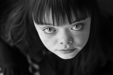 Close-up portrait of woman with freckles, showcasing fair complexion and gentle expression against reflective background.