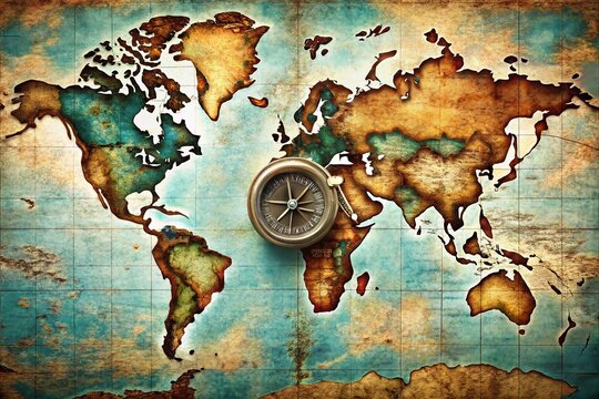 Vintage Style World Map with Compass Aerial Photo