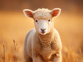 Young Lamb Standing Peaceful in Golden Autumn Field