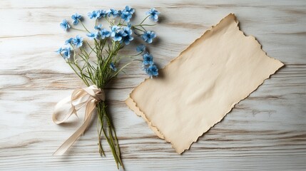 Obraz premium Blue Flowers Bouquet with Aged Paper on Wooden Surface