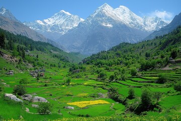 Lush green valley surrounded by snow-capped mountains on a clear sunny day