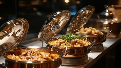 Fototapeta premium Delicious Indian Buffet: Aromatic Spices and Golden Dishes