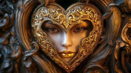 Fototapeta premium Elegant woman face with ornate heart frame and golden accents