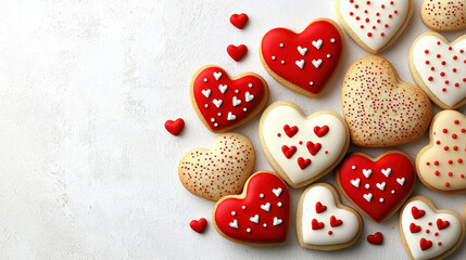 Delicious Valentine Day cookies in heart shapes with red and white icing, perfect for celebrating love and affection